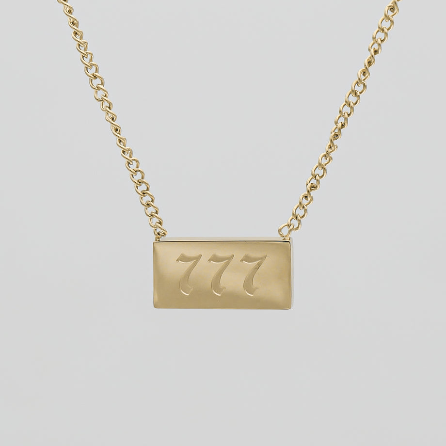 Gold Custom Angel Number Tablet Pendant Necklace, Number 777 by PRYA