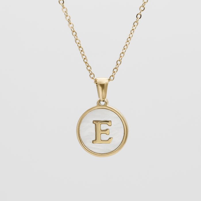Gold Opal Initial Circle coin pendant Necklace, letter E by PRY