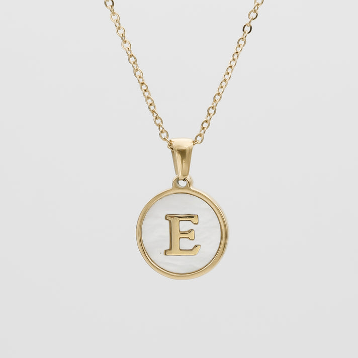 Gold Opal Initial Circle coin pendant Necklace, letter E by PRY