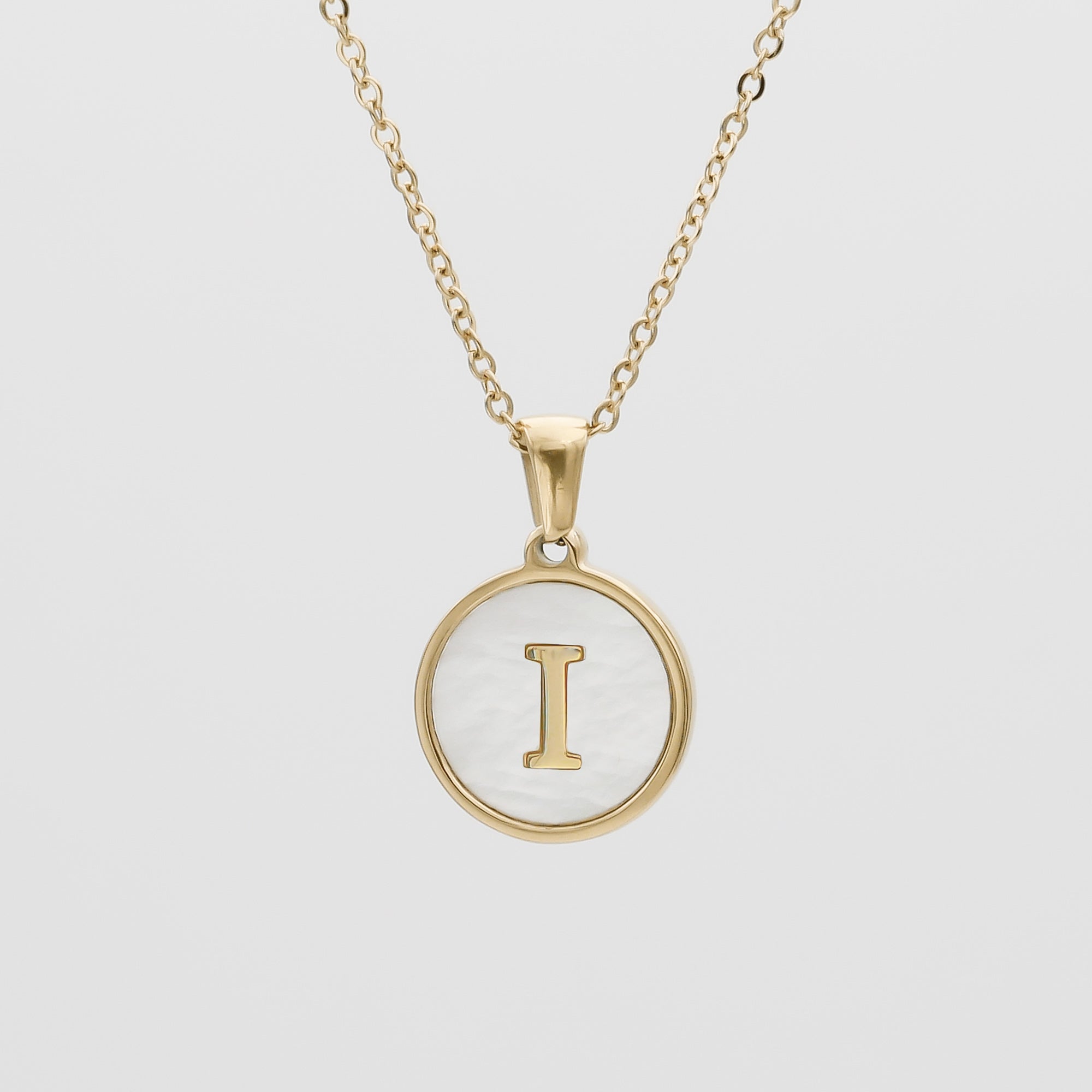 Gold Opal Initial Circle coin pendant Necklace, letter I by PRY