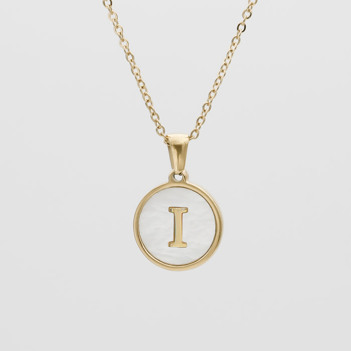 Gold Opal Initial Circle coin pendant Necklace, letter I by PRY