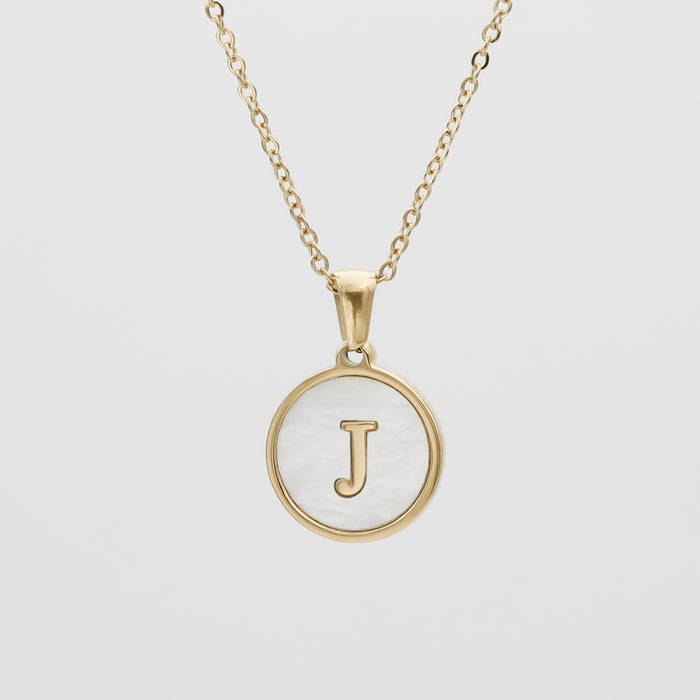 Gold Opal Initial Circle coin pendant Necklace, letter J by PRY