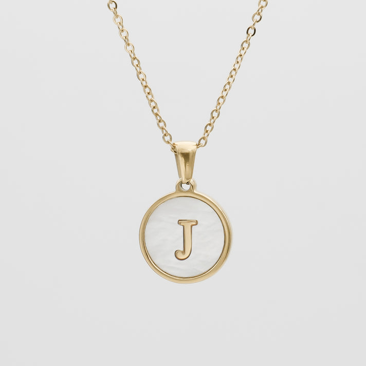 Gold Opal Initial Circle coin pendant Necklace, letter J by PRY