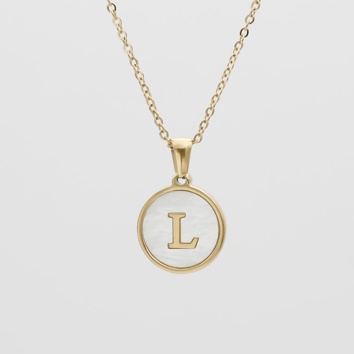 Gold Opal Initial Circle coin pendant Necklace, letter L by PRY