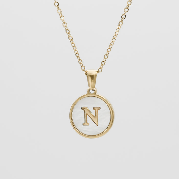 Gold Opal Initial Circle coin pendant Necklace, letter N by PRY