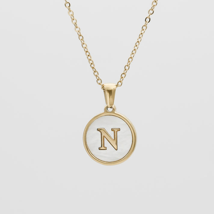 Gold Opal Initial Circle coin pendant Necklace, letter N by PRY