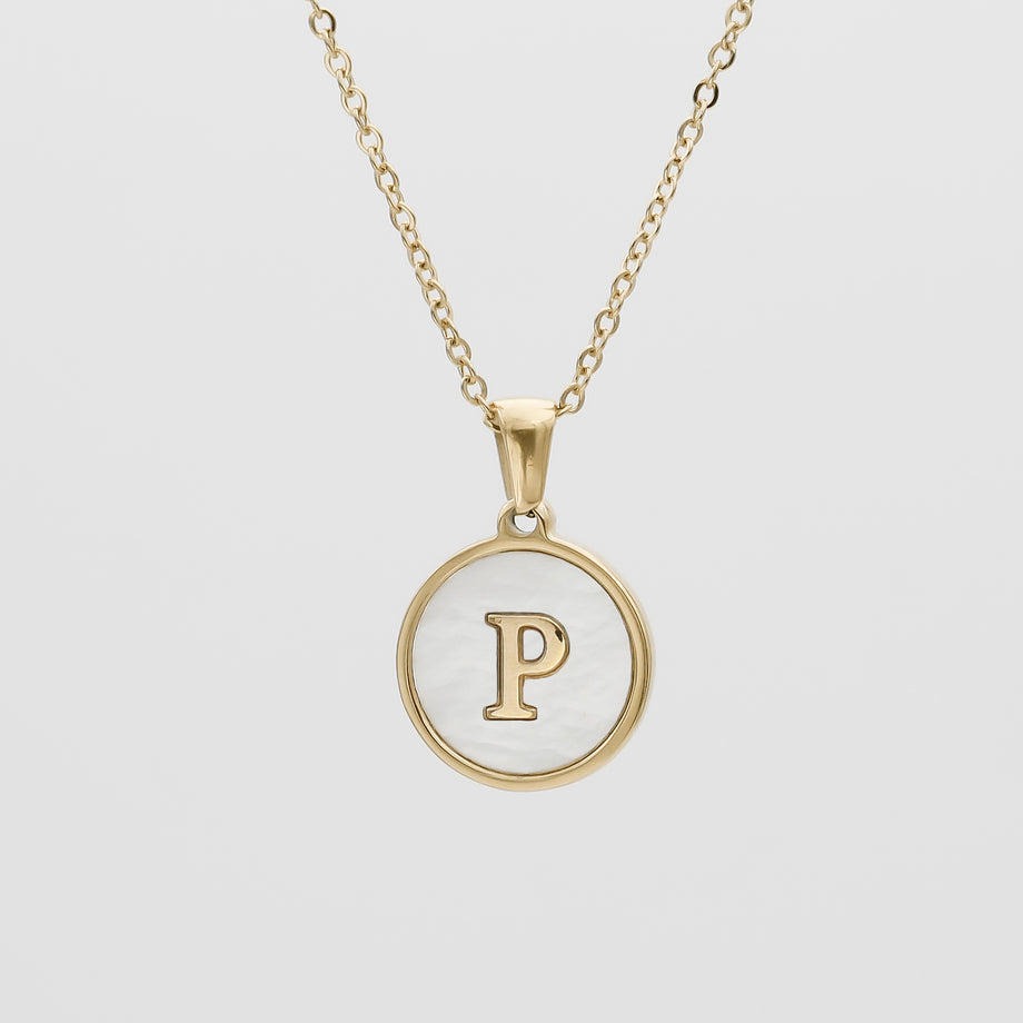 Gold Opal Initial Circle coin pendant Necklace, letter P by PRY