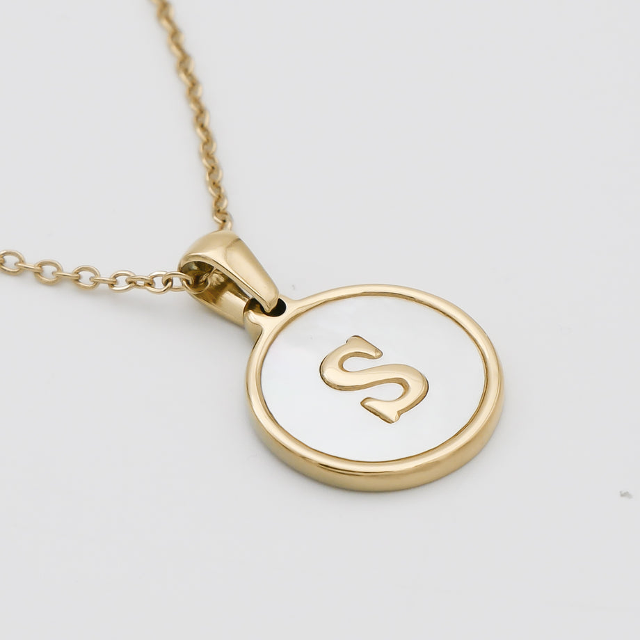 Gold Opal Initial Circle coin pendant Necklace, letter S by PRY