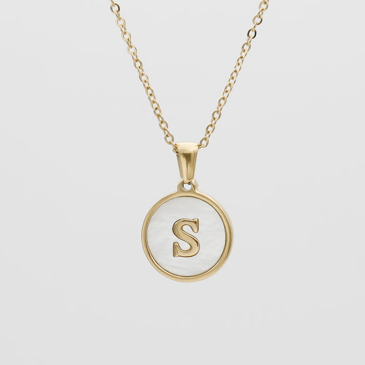 Gold Opal Initial Circle coin pendant Necklace, letter S by PRY