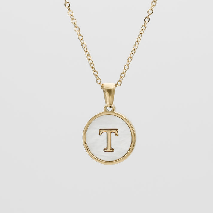 Gold Opal Initial Circle coin pendant Necklace, letter T by PRY