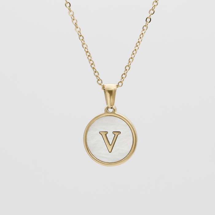 Gold Opal Initial Circle coin pendant Necklace, letter V by PRY