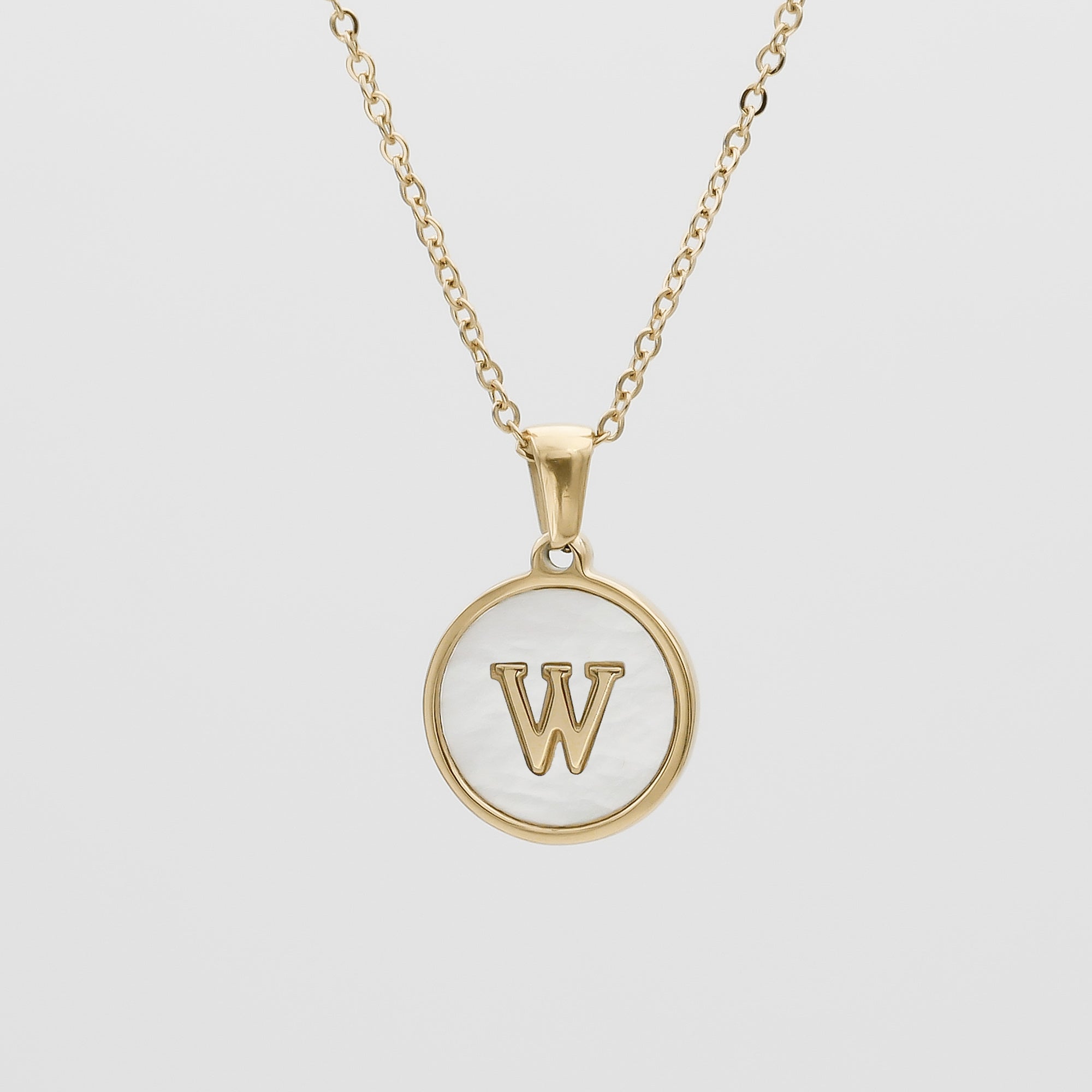 Gold Opal Initial Circle coin pendant Necklace, letter W by PRY