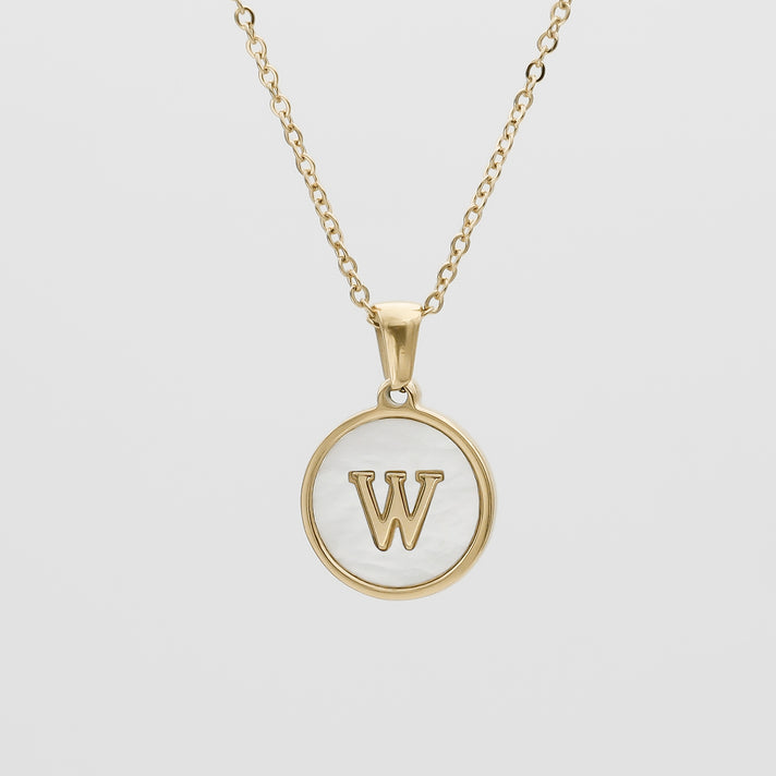 Gold Opal Initial Circle coin pendant Necklace, letter W by PRY