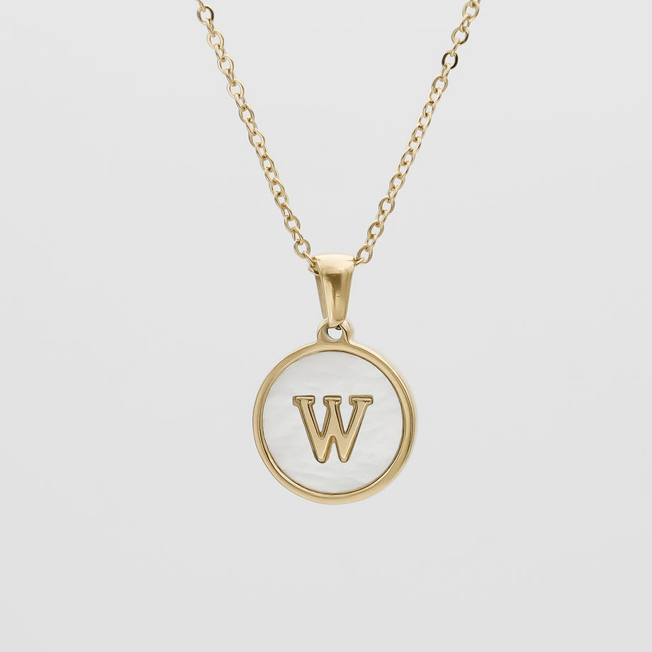 Gold Opal Initial Circle coin pendant Necklace, letter W by PRY