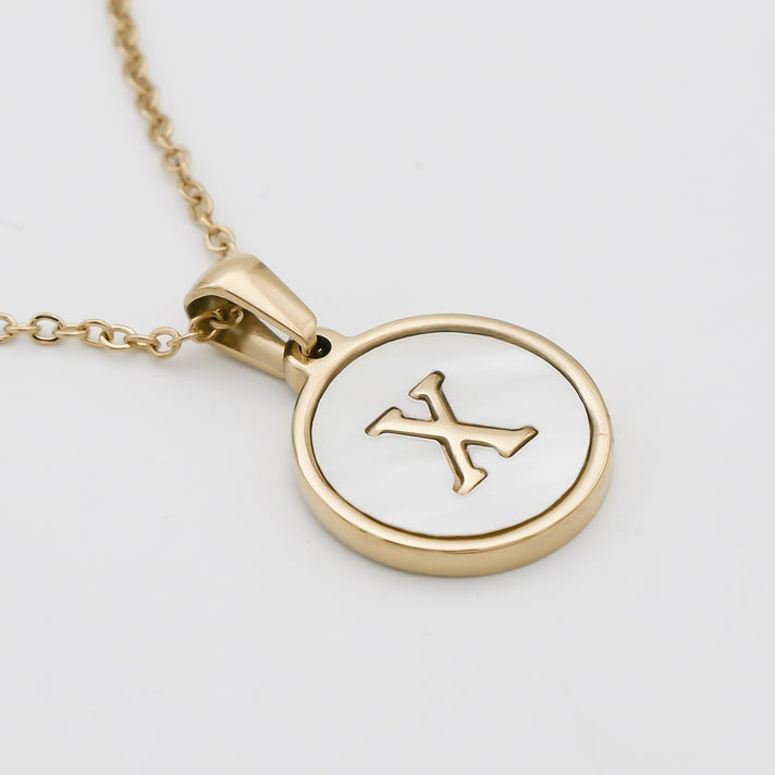 Gold Opal Initial Circle coin pendant Necklace, letter X by PRY