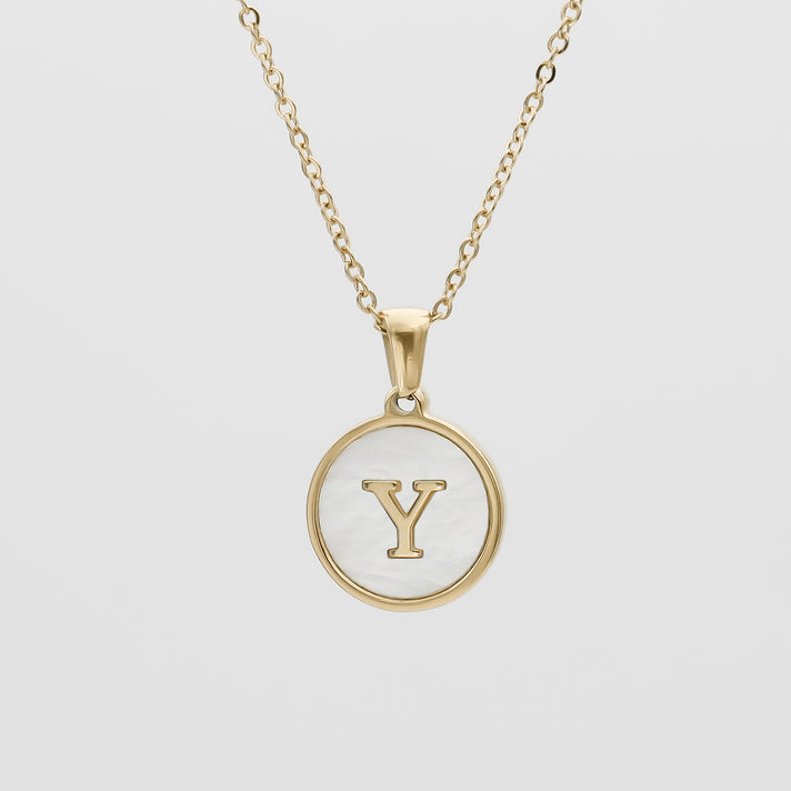 Gold Opal Initial Circle coin pendant Necklace, letter Y by PRY