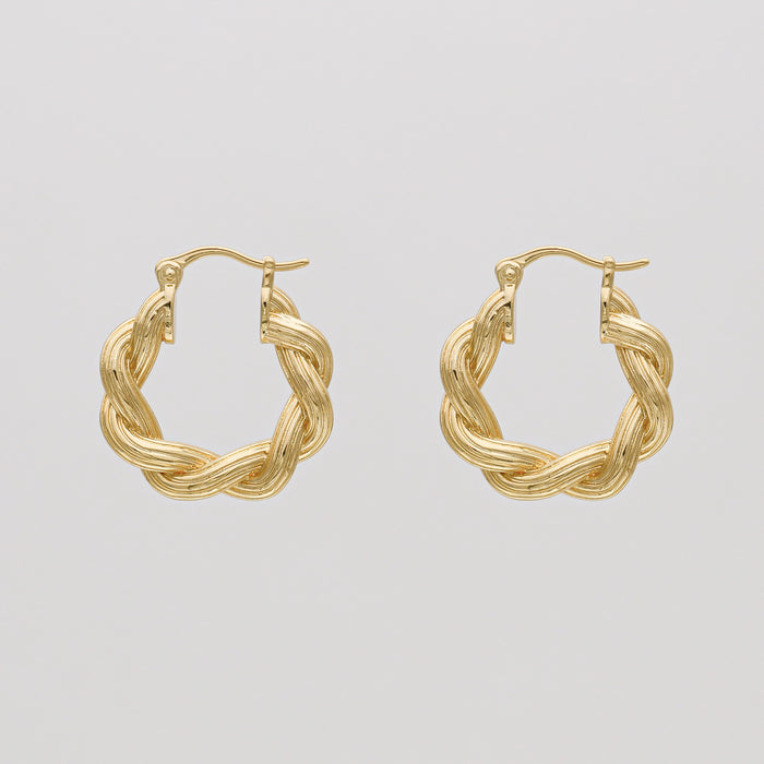 Gold twisted hoop earrings on white background.