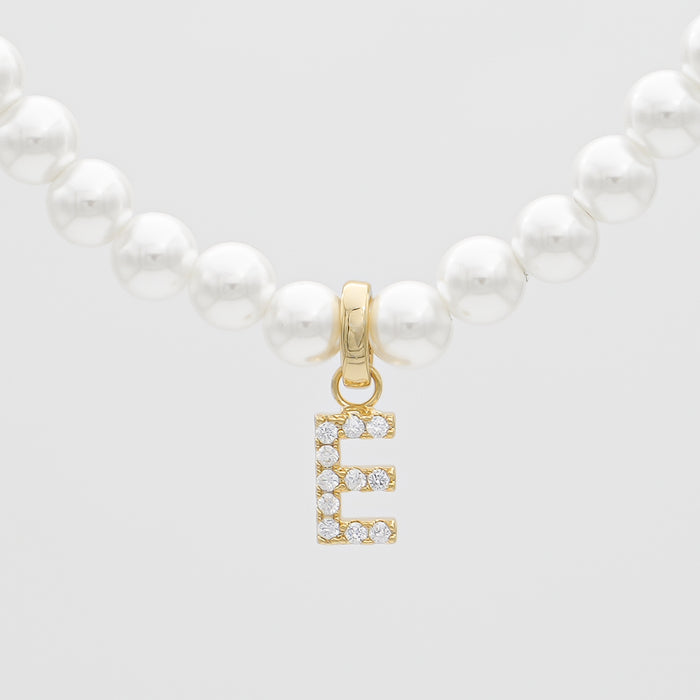icy pearl initial necklace  letter 'e' in gold from prya 