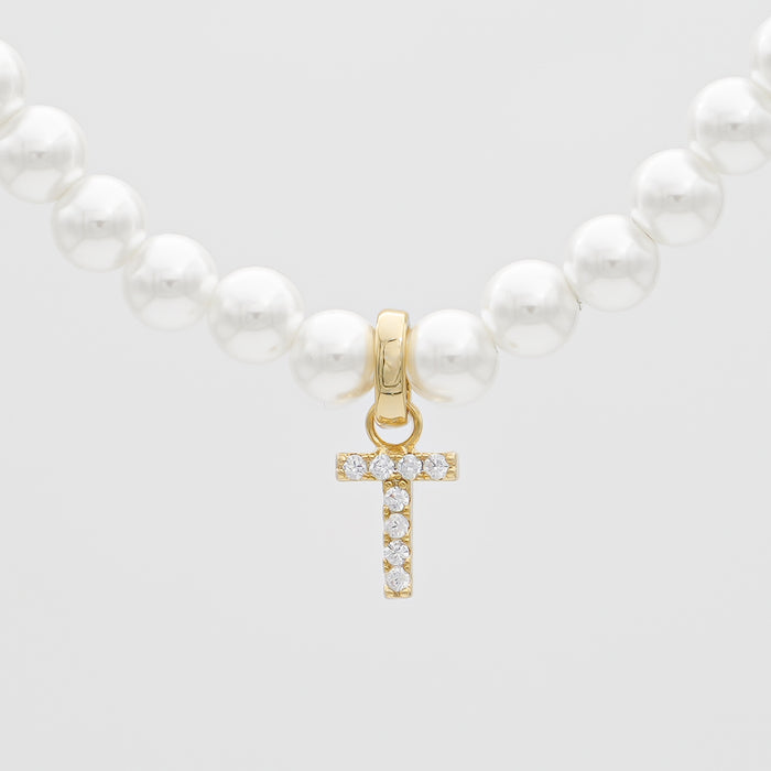 icy pearl initial necklace  letter 't' in gold from prya 