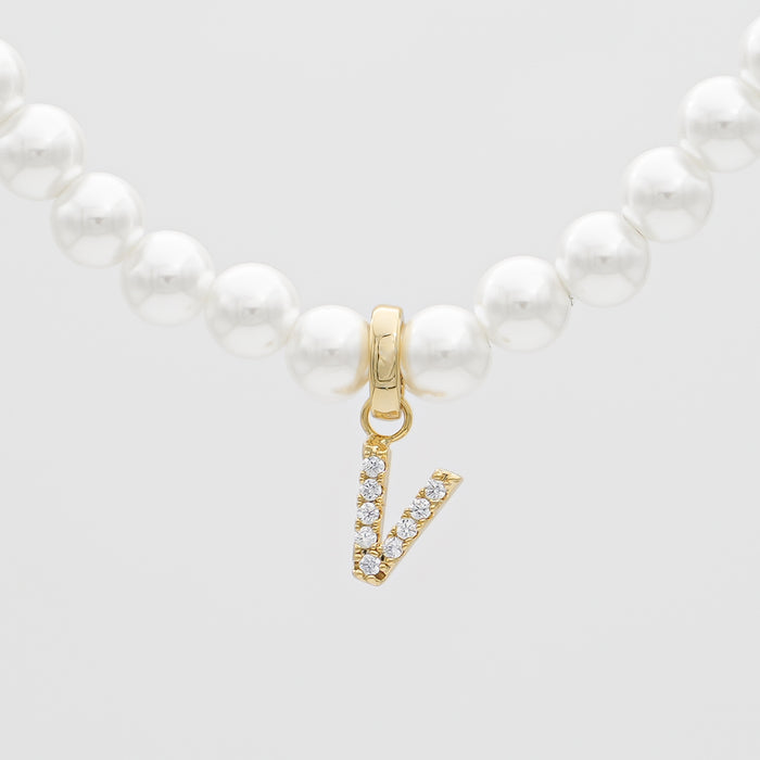 icy pearl initial necklace  letter 'v' in gold from prya 