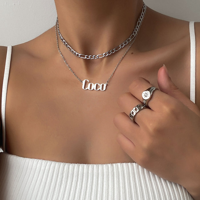 model wearing the silver plated custom name necklace