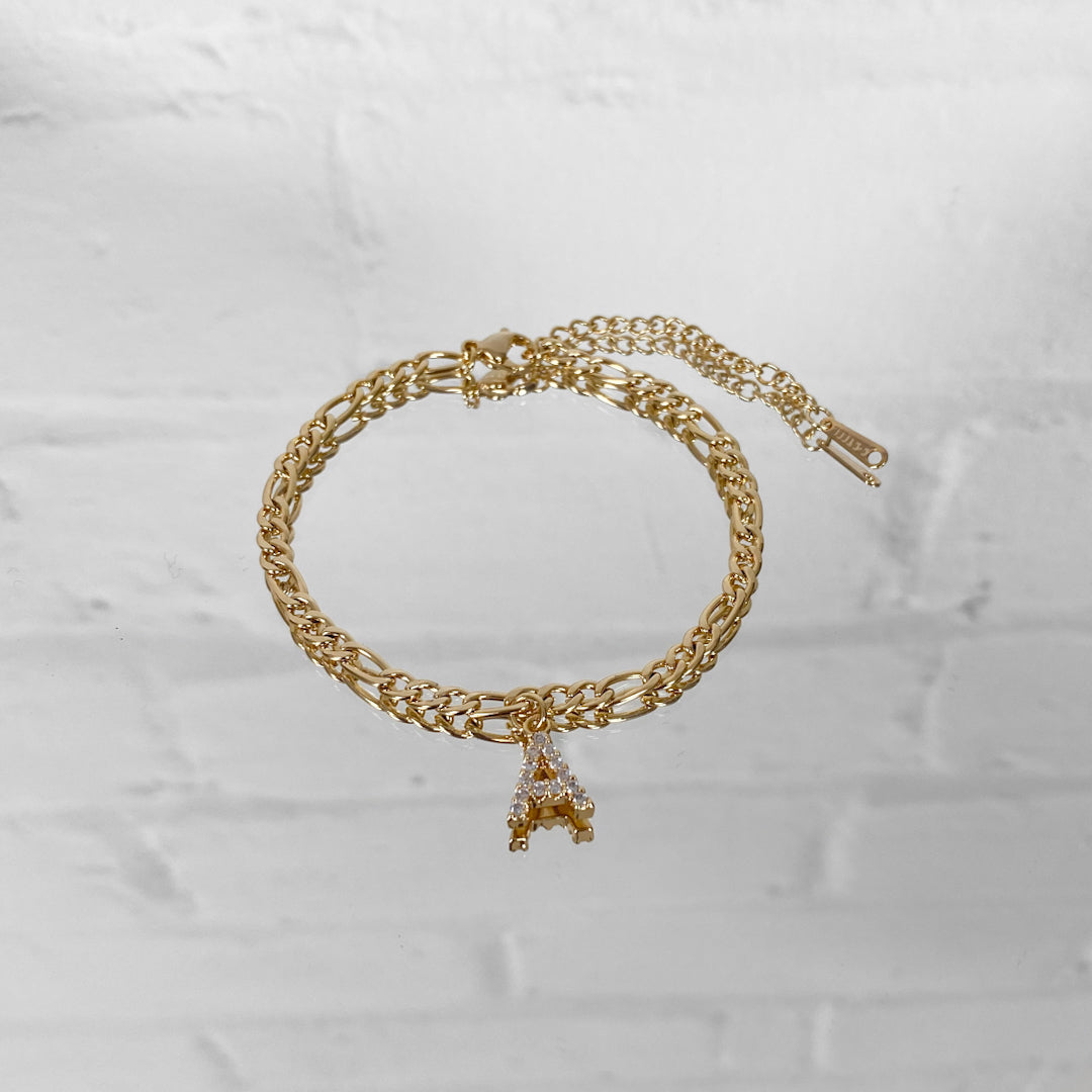 Gold personalised initial anklet with the letter A