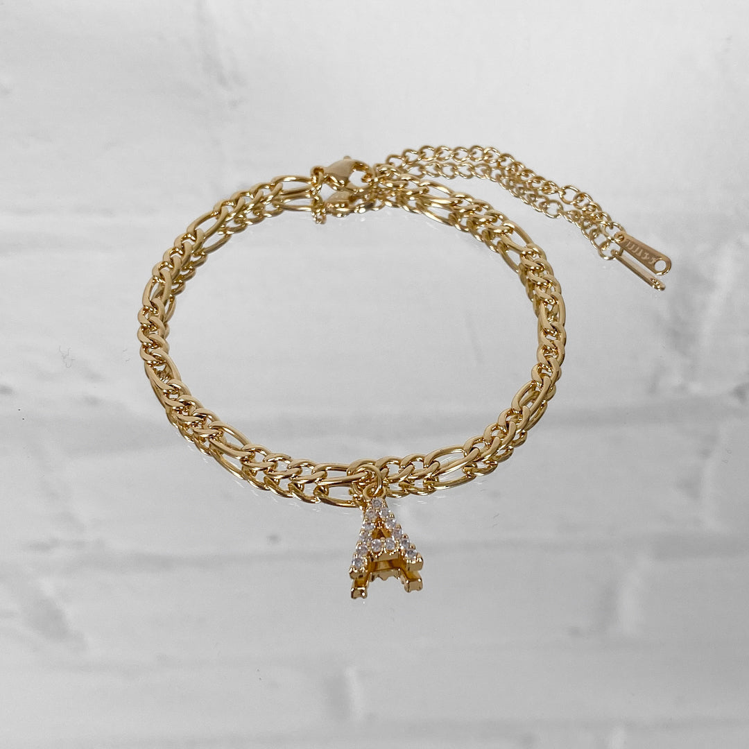Gold ICY initial anklet with a letter A initial 