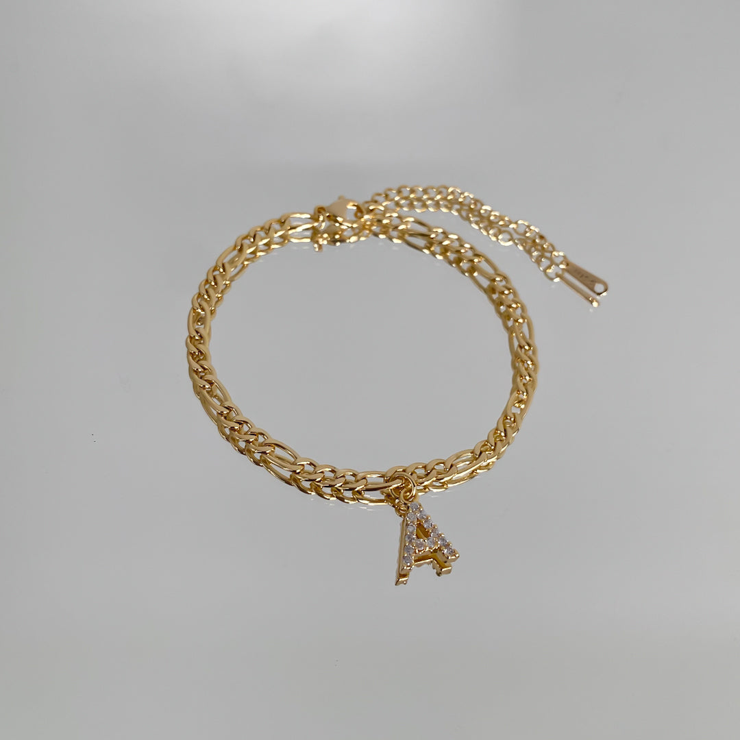 Gold initial anklet with cubic zirconia encrusted letter A
