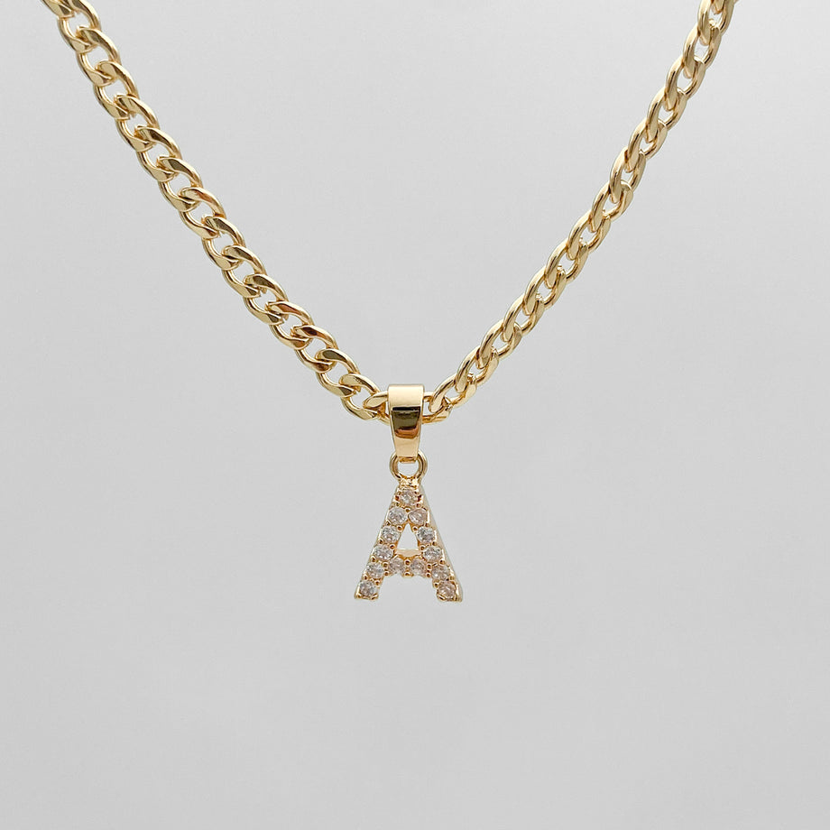 ICY Initial Necklace Cuban, available in Gold or Silver Plated, A-Z initials from Prya