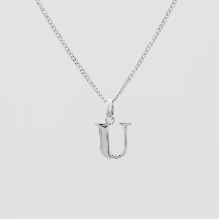 Roman Capital Initial Letter U Necklace in Silver | PRYA 