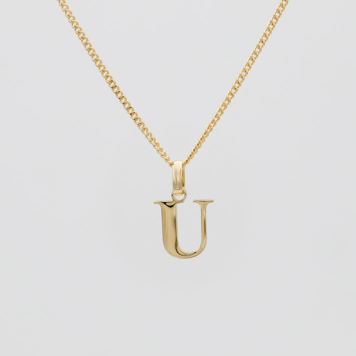 Roman Capital Initial Letter U Necklace in Gold | PRYA 