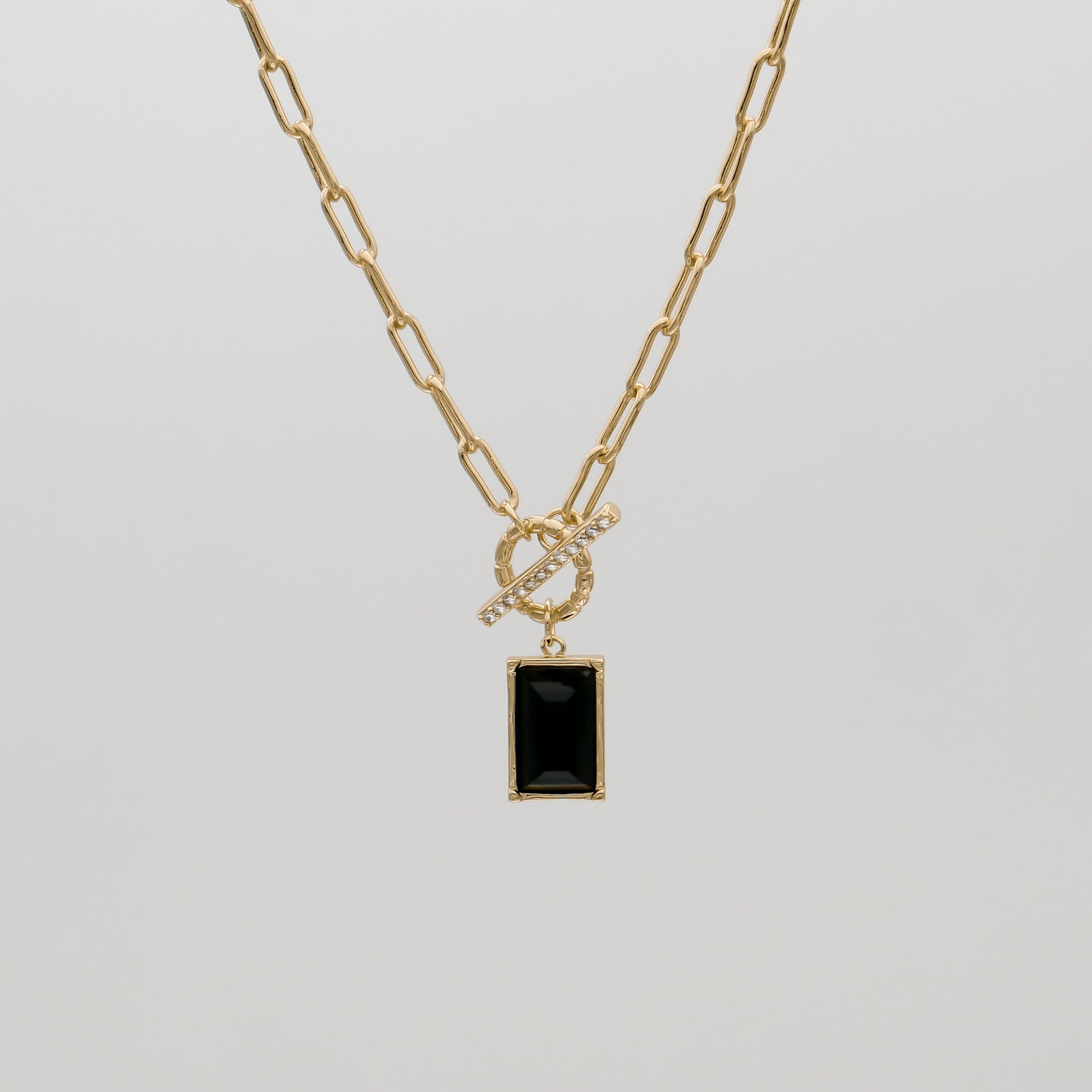 Kyra Onyx T-Bar Necklace with paperclip chain and onyx pendant