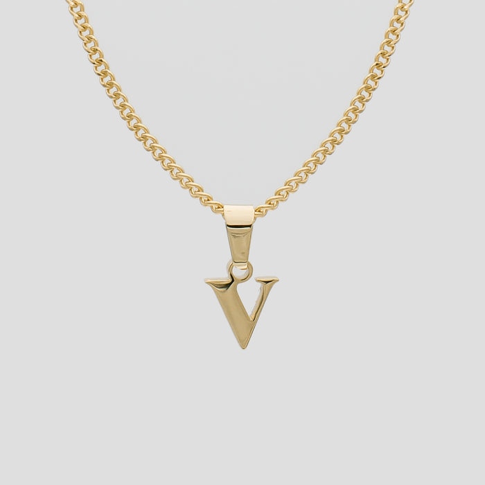 Gold Lowercase initial Necklace letter V pendant | PRYA