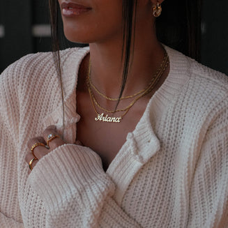 model wearing miami custom name necklace from Prya jewellery