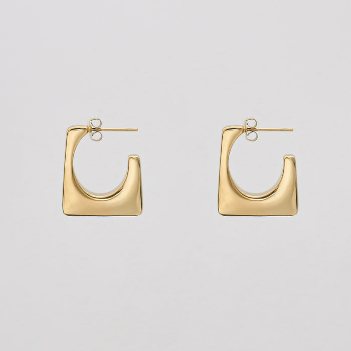 Square gold hoop earrings on white background.