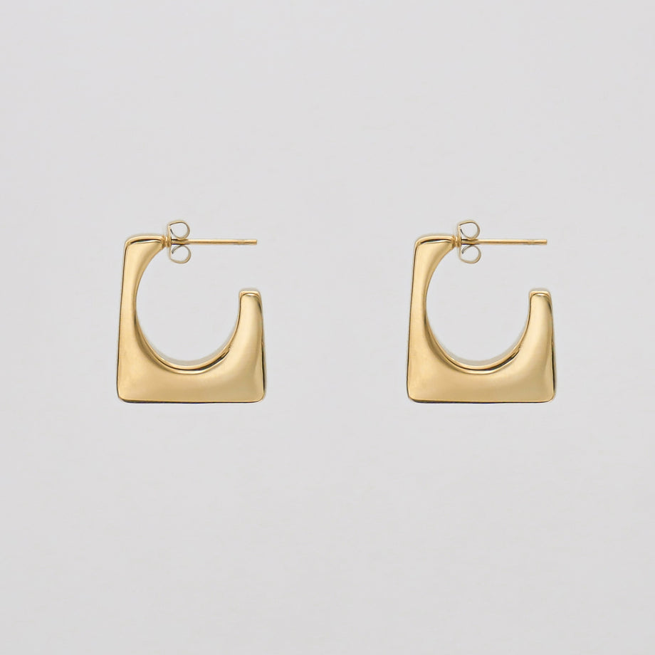 Square gold hoop earrings on white background.