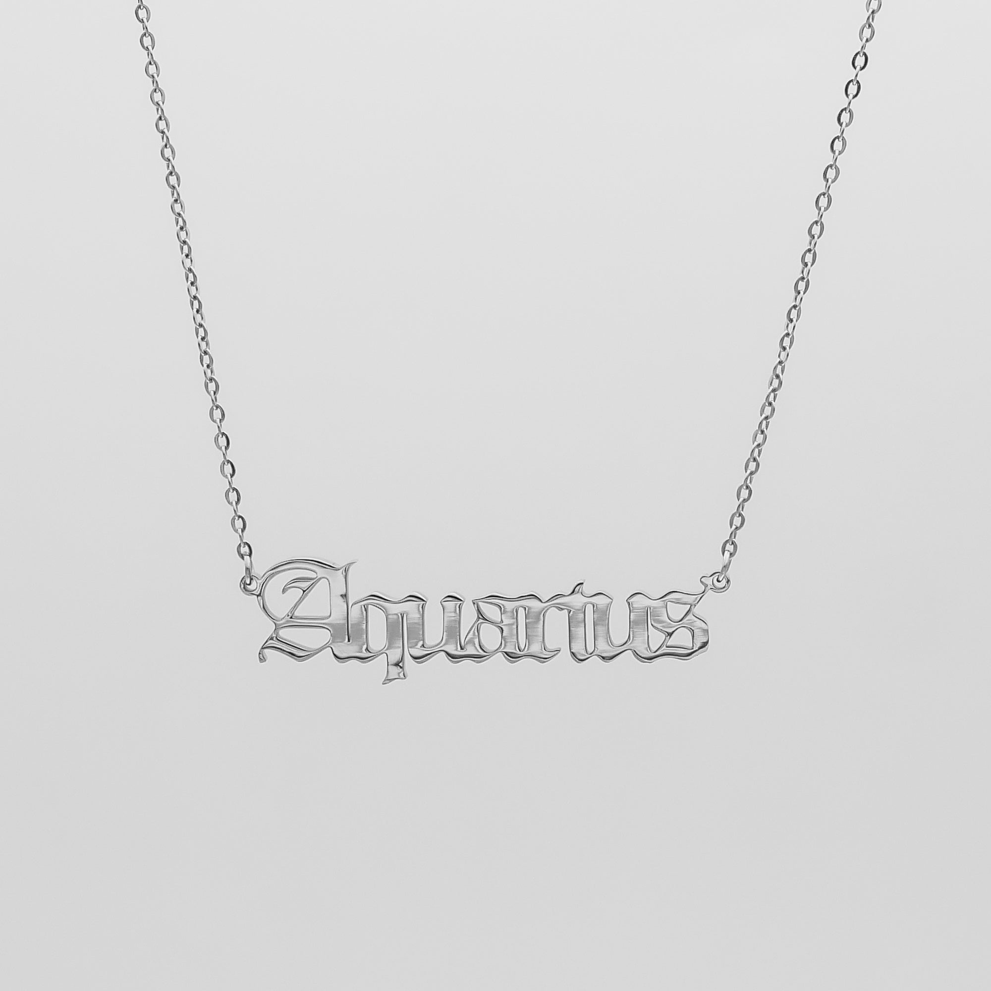 Women's Old English Silver Aquarius Zodiac Name Necklace by PRYA