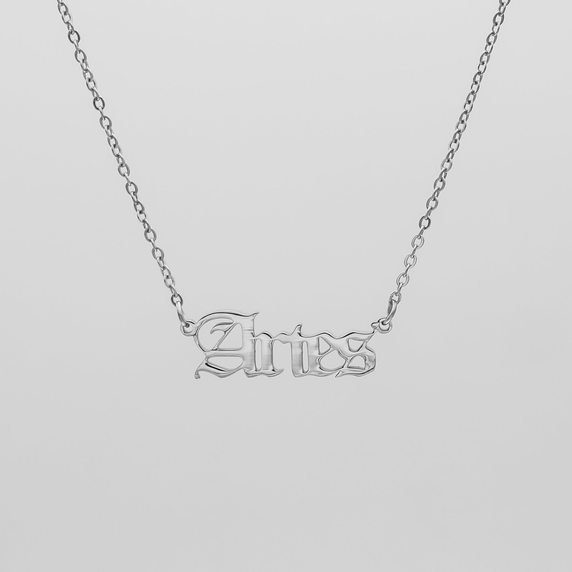 Women's Old English Silver Aries Zodiac Name Necklace by PRYA