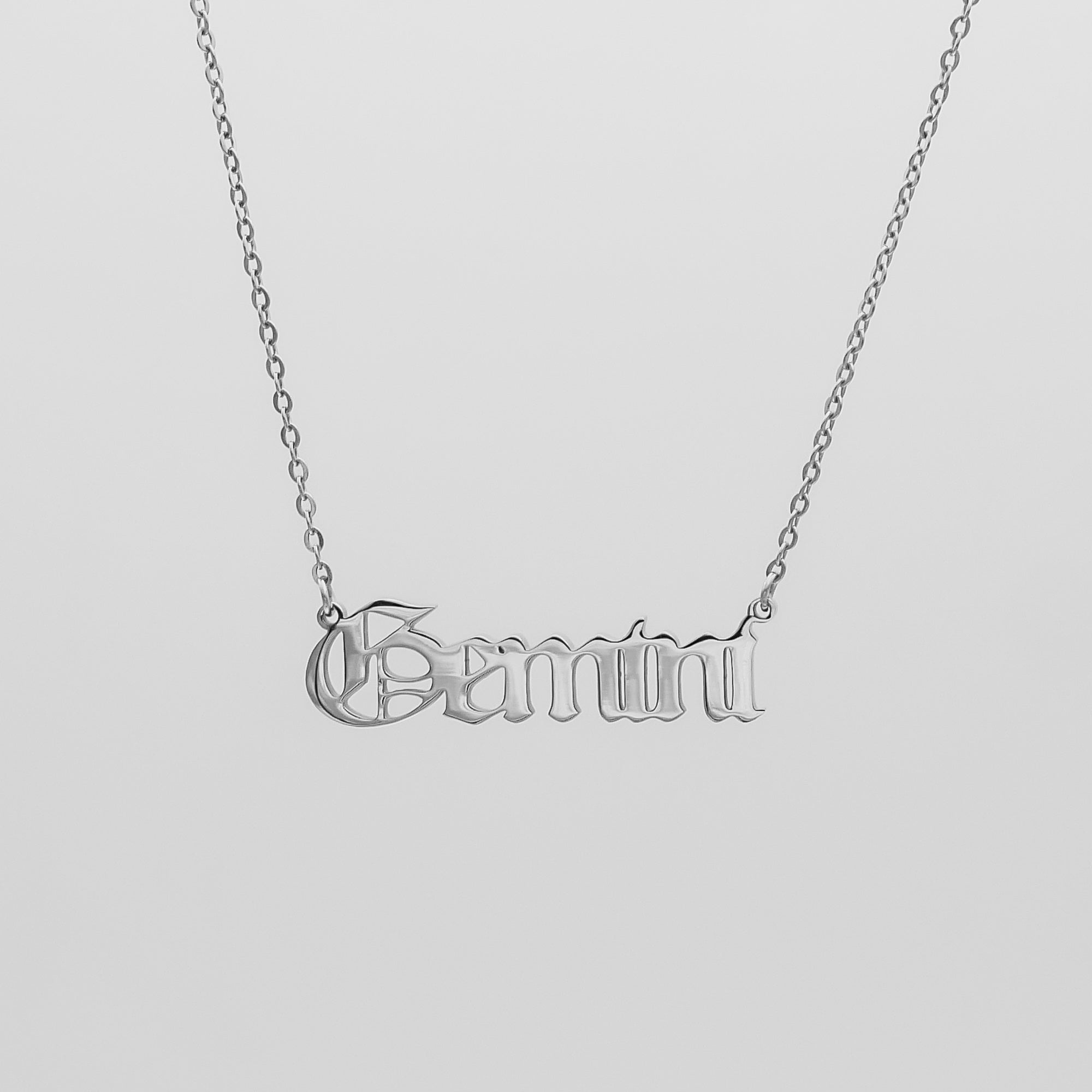 Women's Old English Silver Gemini Zodiac Name Necklace by PRYA