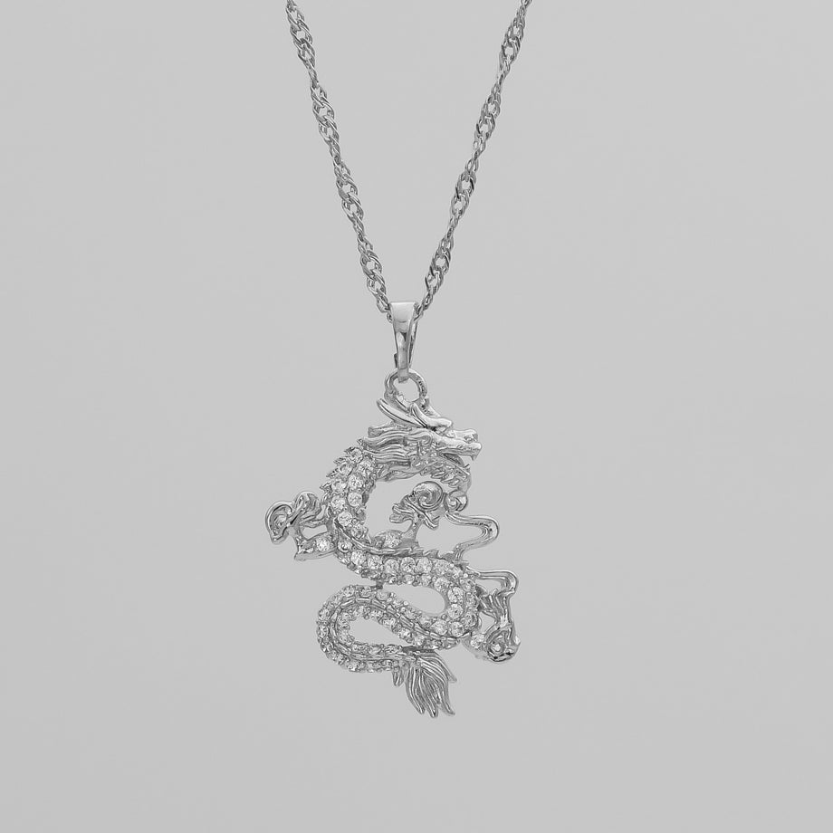 CZ Dragon Necklace, Silver Plated | PRYA