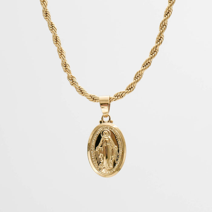 Gold rope chain with religious pendant.