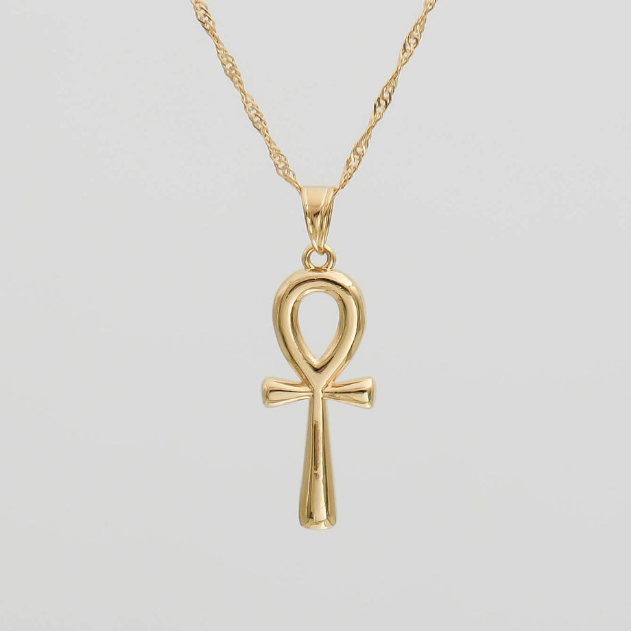 18K Gold Ankh pendant necklace, Egyptian hieroglyphic