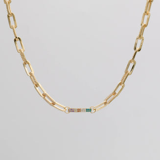 Gold Joelle Paperclip Necklace with  paved CZ paperclips and centred bart with multi colour CZ 