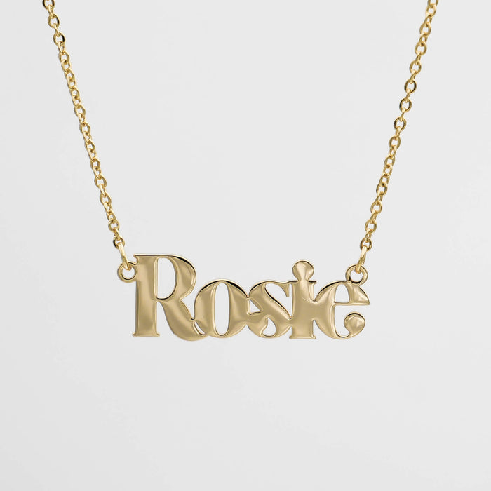 Gold "Rosie" name necklace on a chain.