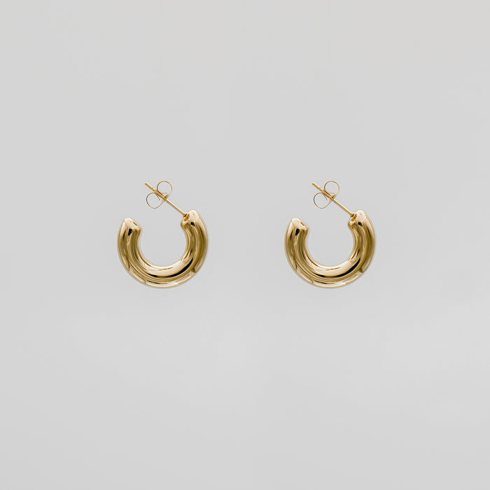 Gold hoop earrings on a plain background.