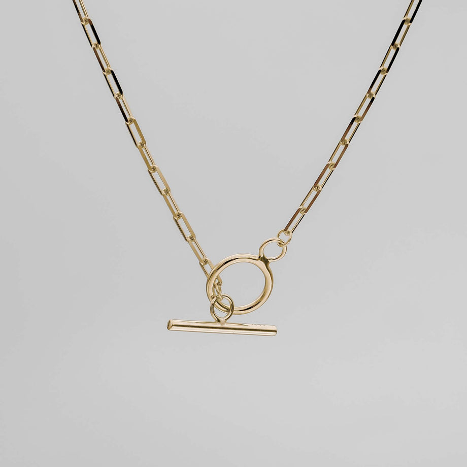 Gold chain necklace with toggle clasp.