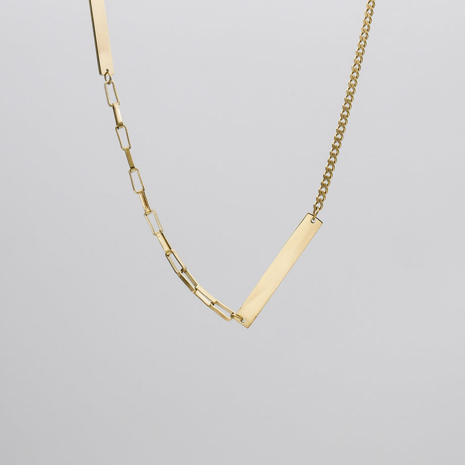 Gold chain necklace with mixed link styles.