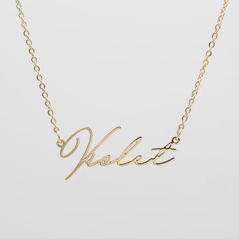 Personalised name necklace in 18K gold classic link chain made by PRYA UK 