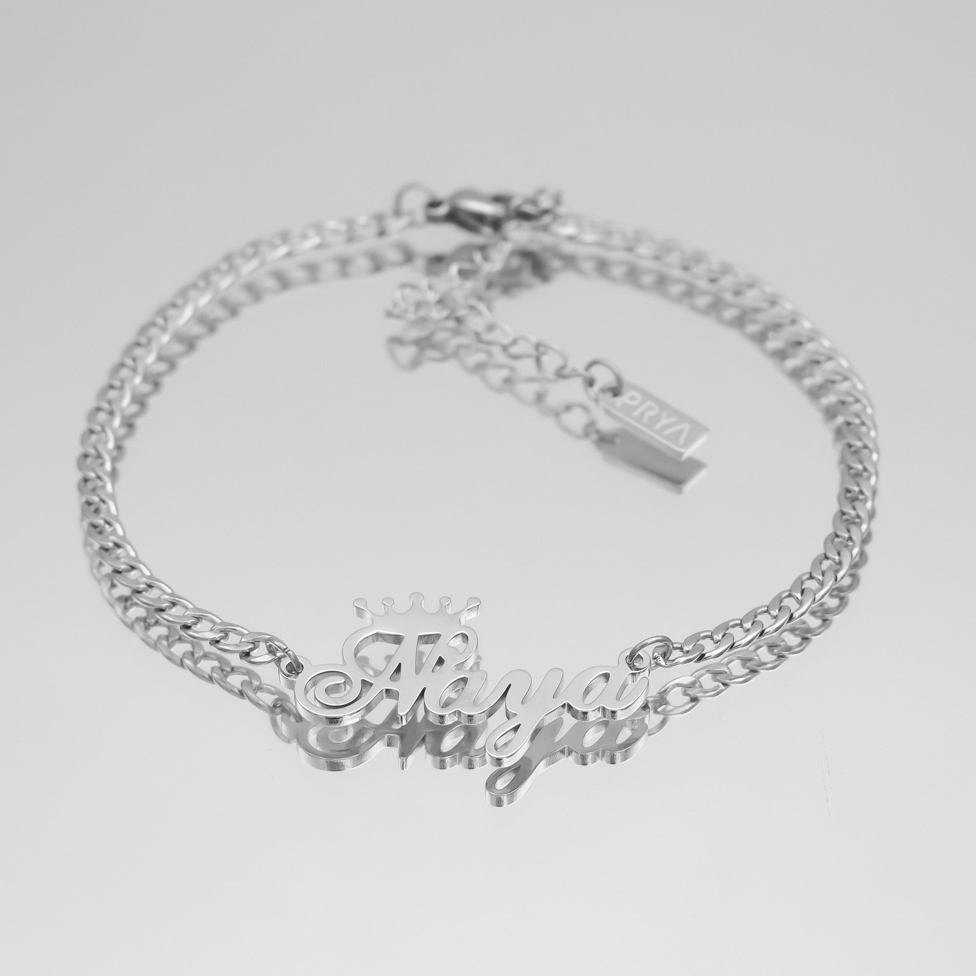 Silver personalised name anklet with a Cuban link chain