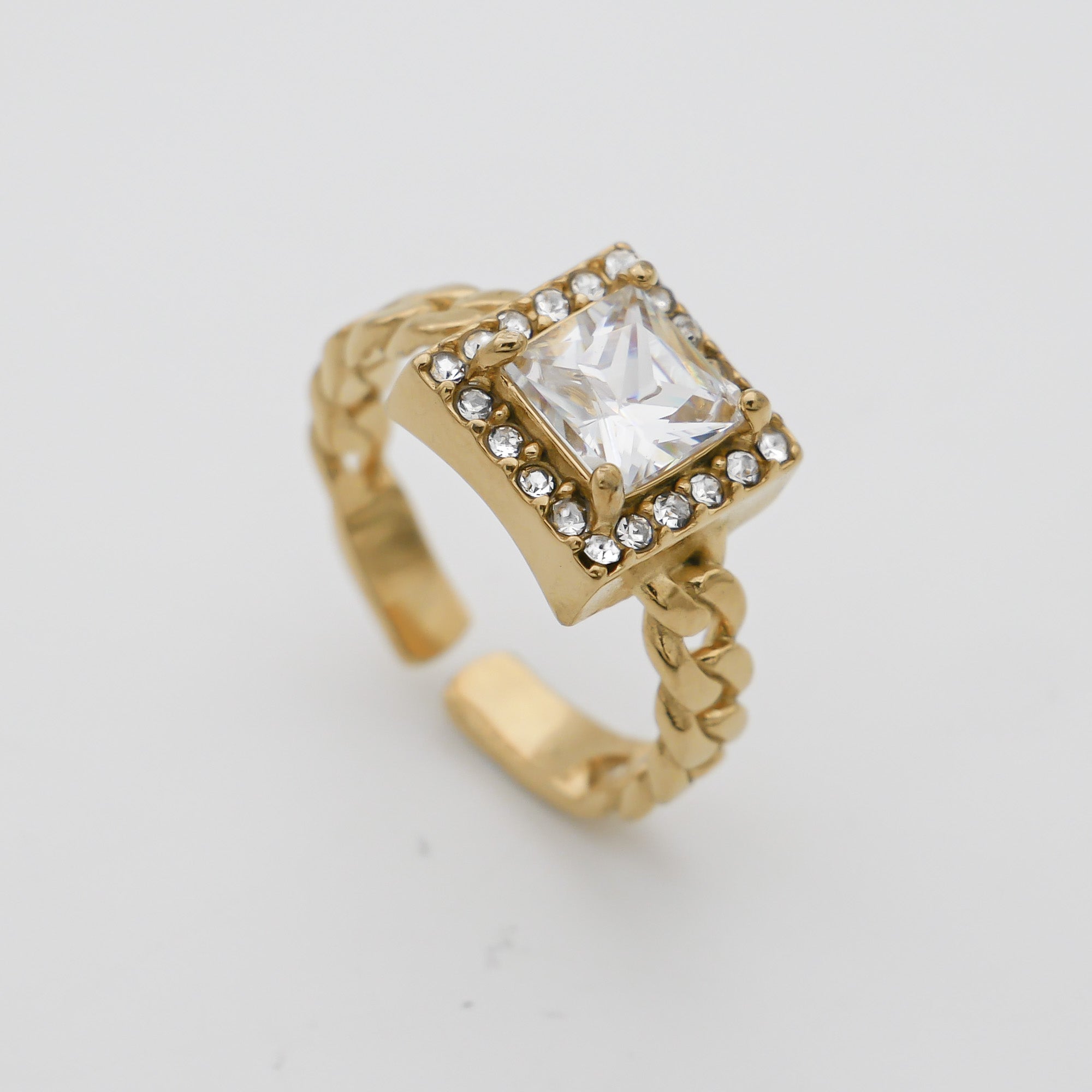 Gold Gaia Cuban encrusted Clear Gemstone Ring by PRYA